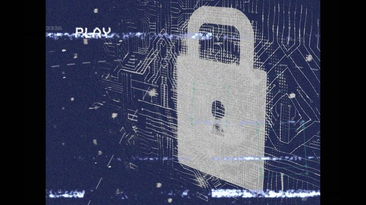 Animation of play digital interface with online security padlock on circuit board background