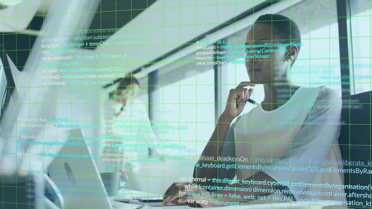 Software developer tapping pen typing and debugging code launching code overlay while peer passing
