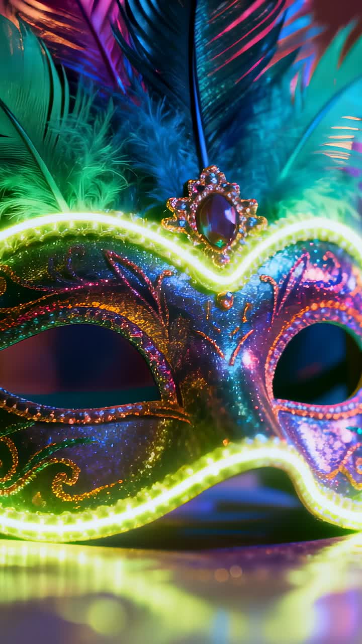 Dikey video: Stüdyo setinde kamerayı kendine çeken, mücevher ve tüyleri ortaya çıkaran atan neon bir maske.