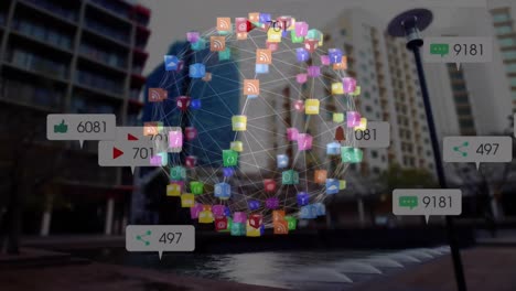 Animación-De-íconos-De-Redes-Sociales-Y-Globo-De-Conexiones-Sobre-El-Paisaje-Urbano