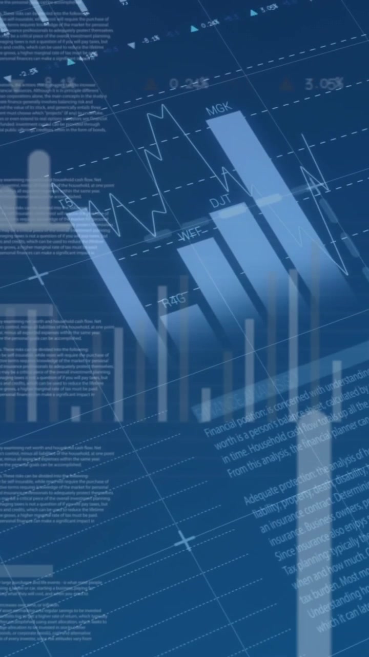 Animazione di schermi multipli con elaborazione dati statistici su sfondo blu.