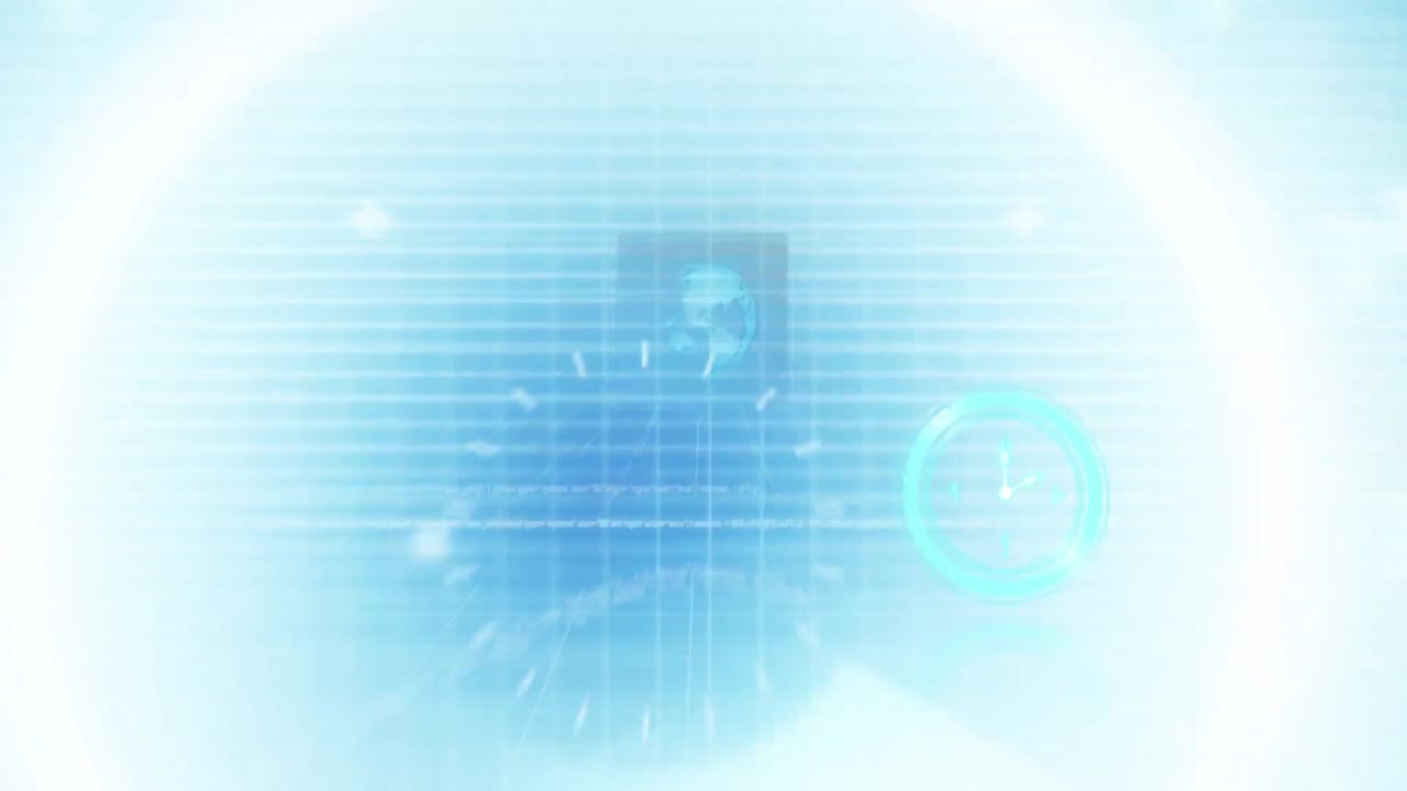 네온 디지털 시계가 둥근 스캐너와 검은색 배경의 데이터 처리에 맞춰 틱하고 있습니다.