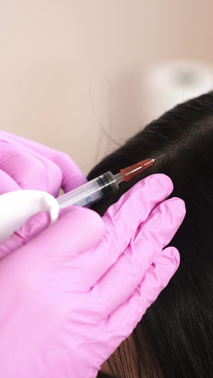 Woman receives an injection in the scalp. Problems of hair loss The concept of health. Vertical video