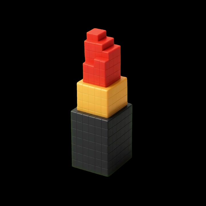 Abstract 3D Pixelated Lipstick Shape Rotating on Black Background