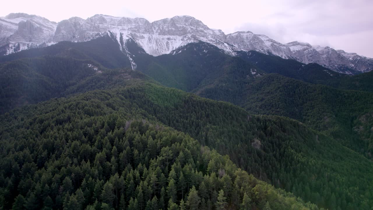 Aerial take of the mountain range Cadí in the spanish Pyrenees, covered by snow in winter