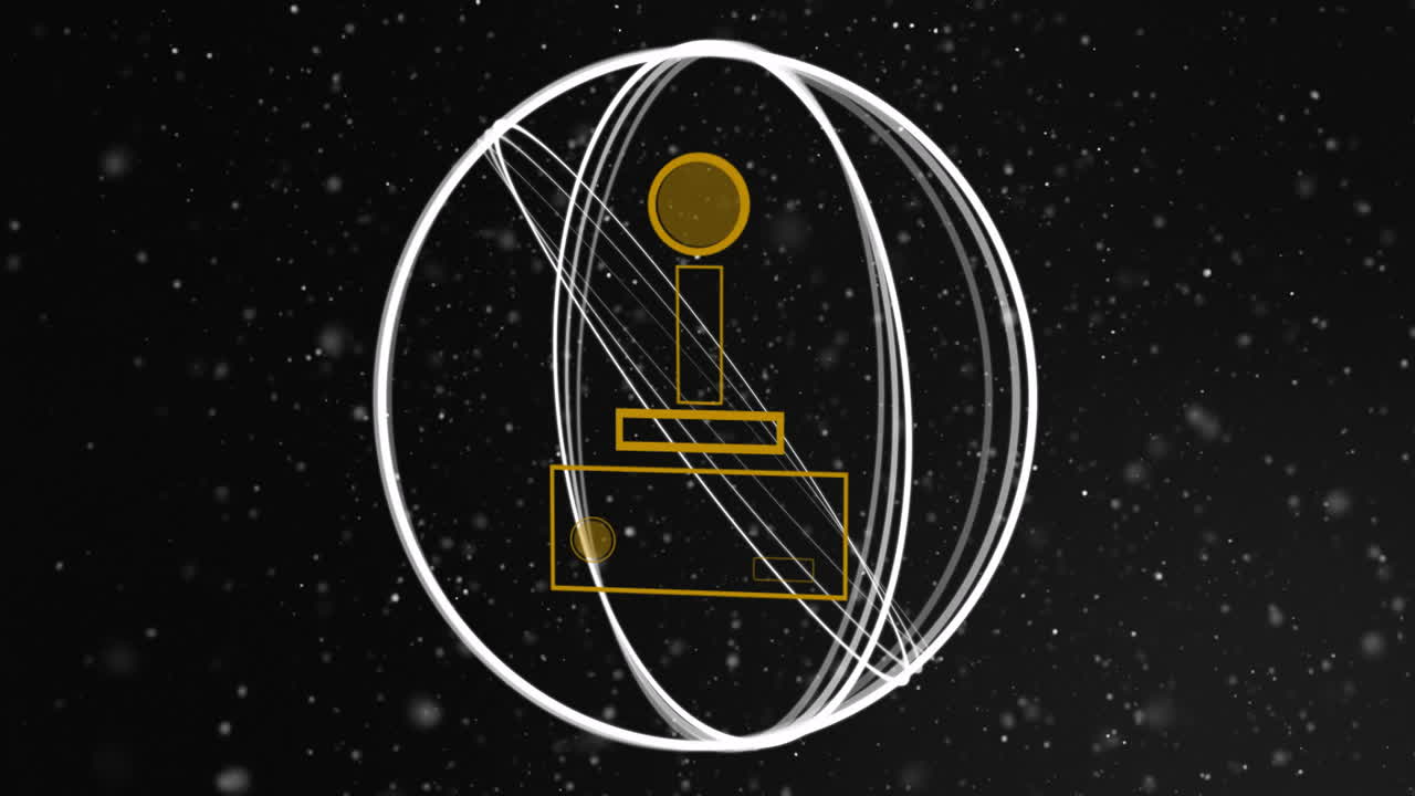 Animation of yellow geometric shapes and lines creating abstract design with orbits