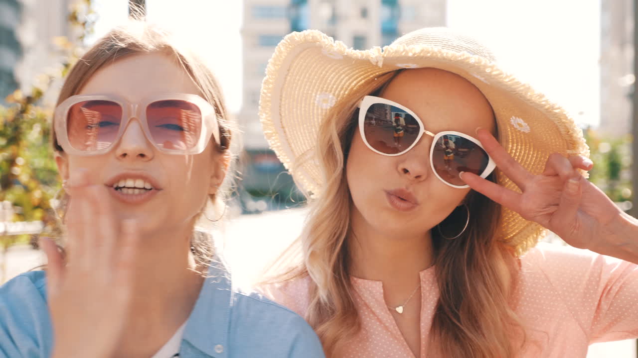 두 명의 행복한 여성 친구들이 도시에서 여름날을 즐기고 있습니다.