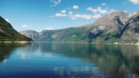 a beautiful fjord in norway the mountains are reflected in the water view from the window of the tra