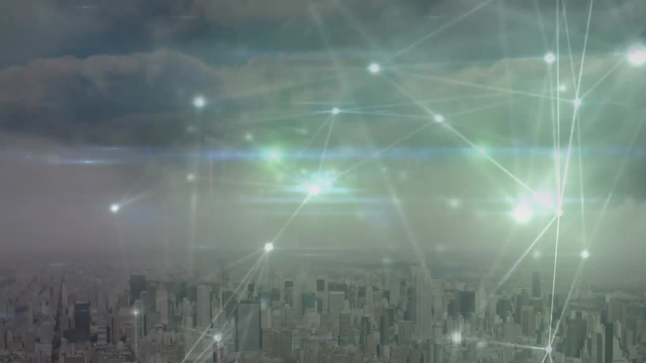 도시 풍경의 공중 시야에 대한 빛나는 연결 네트워크의 애니메이션