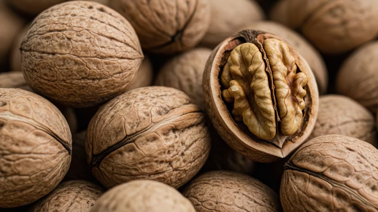 A Close-Up View of Shelled and Unshelled Walnuts, Showcasing the Distinctive Textures and Shapes of These Nutritious Ingredients in a Natural Setting