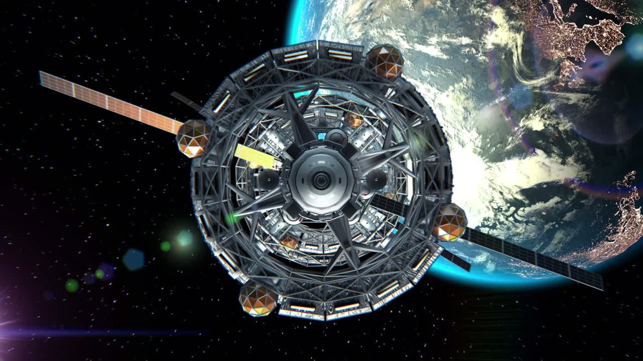 지구의 배경, 녹색 스크린, 3d의 우주선의 문으로 비행: 지구의 텍스처는 사진 없이 그래픽 에디터에서 만들어졌습니다.