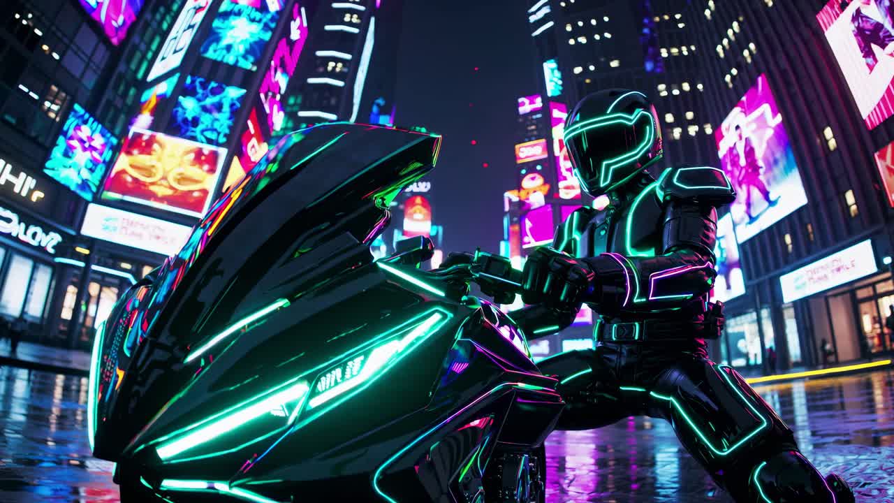 Cyberpunk Rider on Futuristic Motorcycle in Neon City