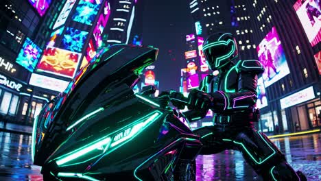 cyberpunk rider on futuristic motorcycle in neon city