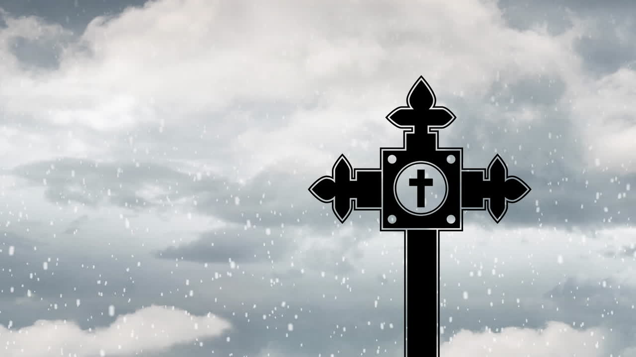 Intricate cross silhouette with animation of falling snowflakes against cloudy sky