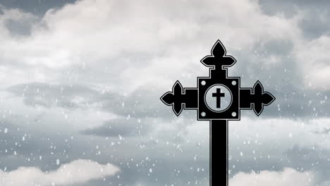 intricate cross silhouette with animation of falling snowflakes against cloudy sky
