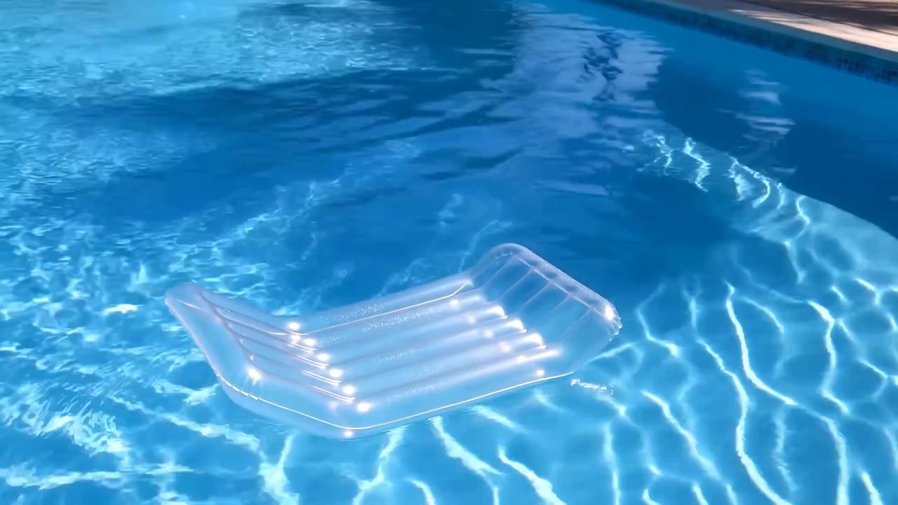 Klarer Plastikstuhl schwimmt im Wasser, in einem Schwimmbad, mit Plastiktextur, aus der Vogelperspektive, mit blauen, weißen Akzenten und ruhiger und gelassener Stimmung.