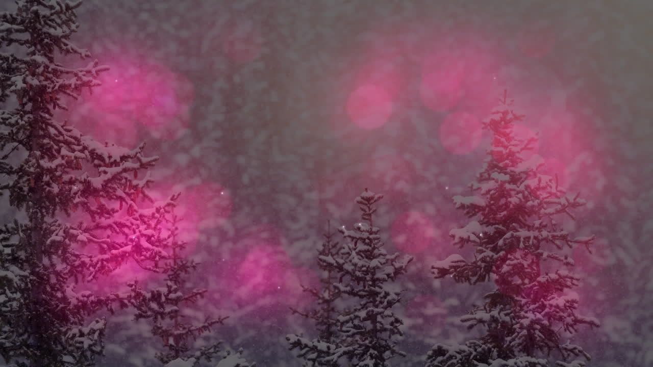 animación de múltiples manchas rosadas parpadeantes de luz sobre un paisaje de invierno en el bosque