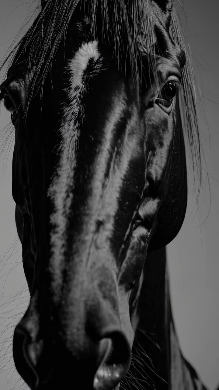 Close-up, side angle of a horse's face in black and white, capturing elegance and mystery