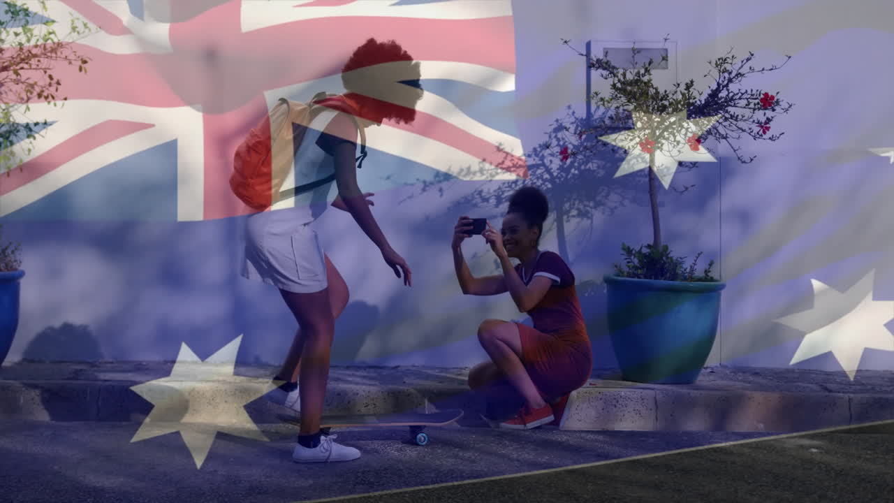 Celebrating with skateboards, two people over Australian flag animation background