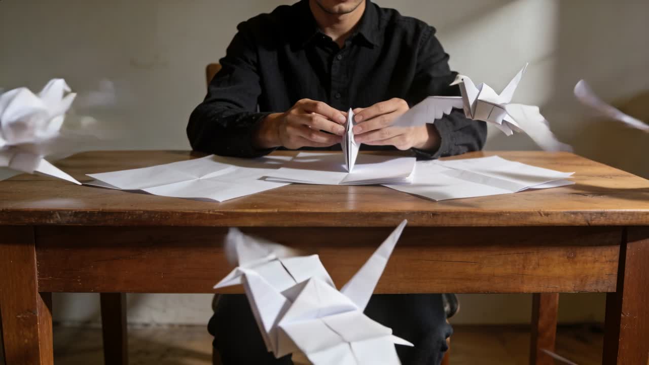 Folding man in black shirt prompted by sheet, creasing origami cranes at wooden table as hobby