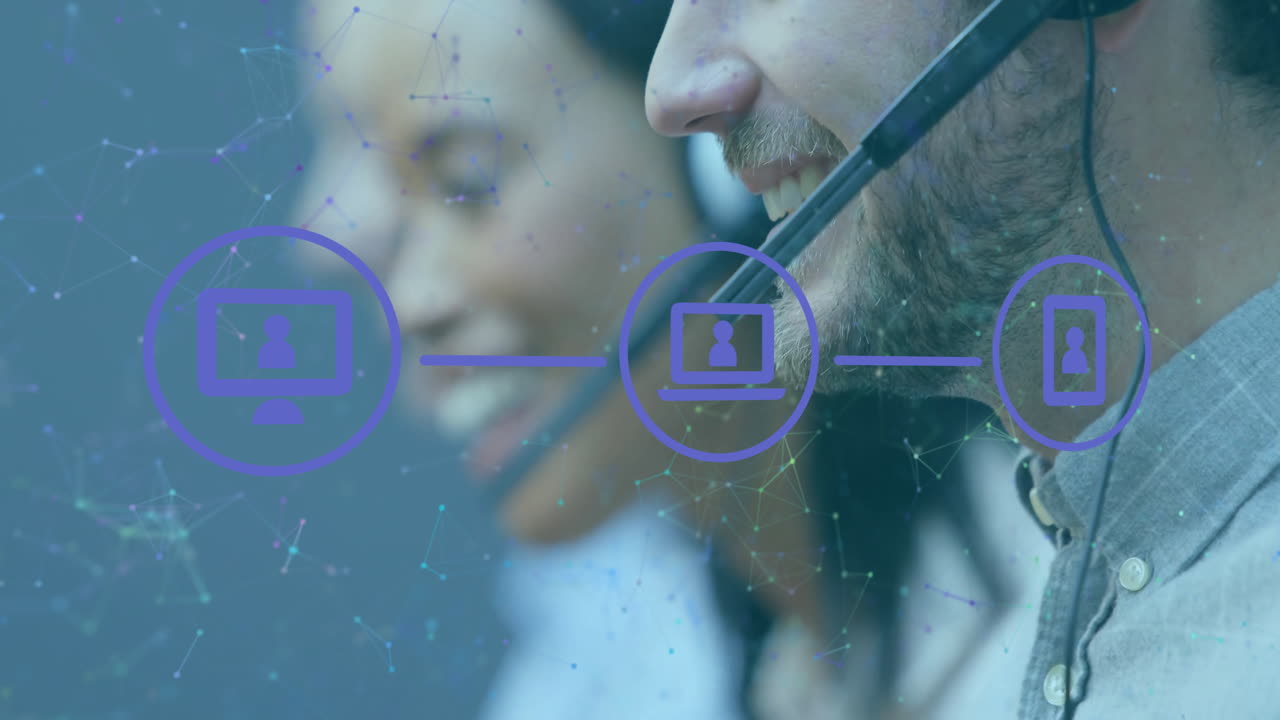 animación de la red de iconos sobre diversas personas de negocios con auriculares de teléfono