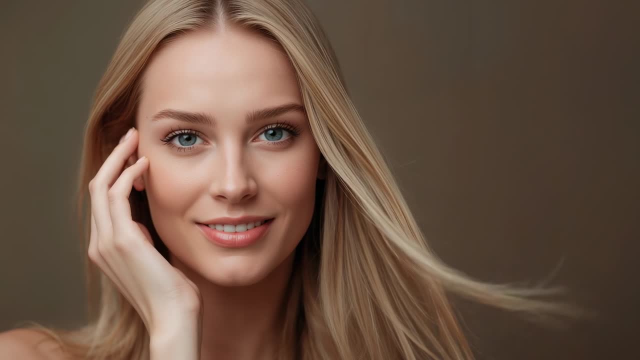 Modella bionda che posa con la mano sulla guancia fuori campo, ventilatore che le scompiglia i capelli, bellezza senza spalline, studio fotografico, sfondo marrone
