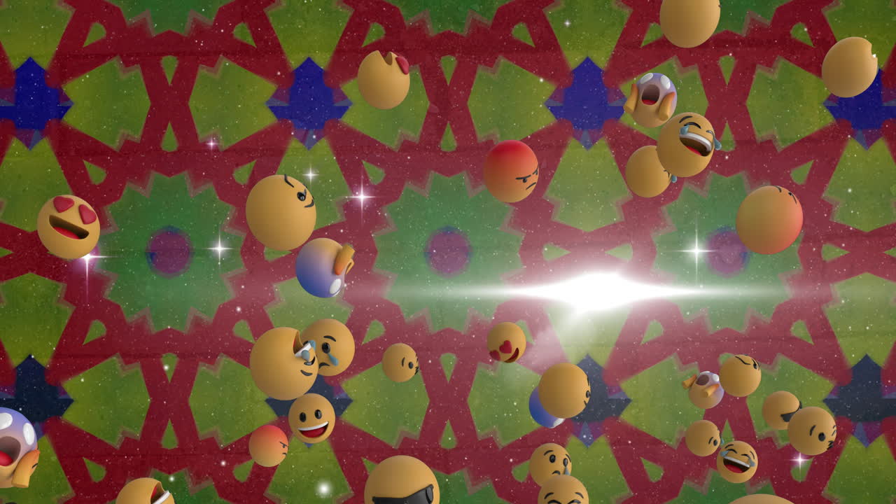 배경에서 바뀌는 칼레이도스코프 모양에 맞춰 움직이는 여러 얼굴 이모티콘