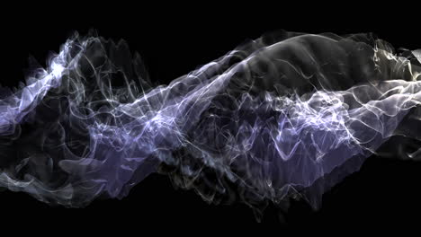 a dynamic 3d simulated wave with blue and white lines flowing in various directions against a black backdrop, creating a visually captivating and fluid movement