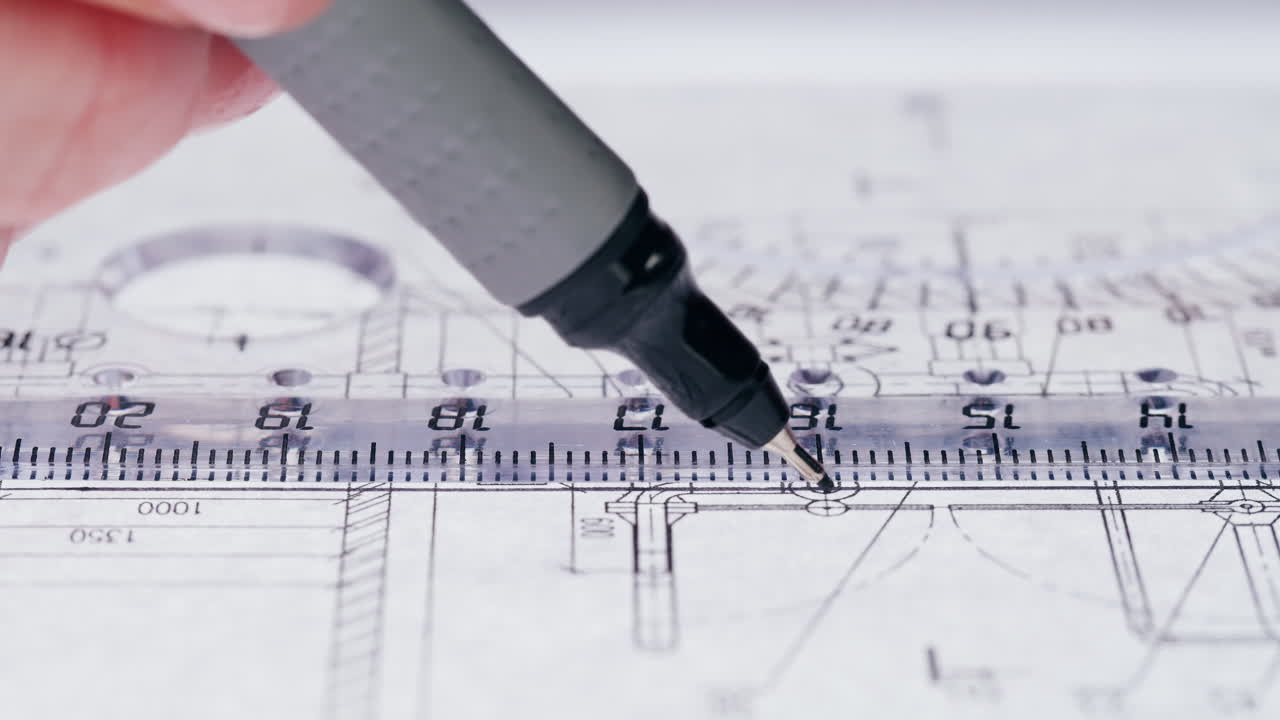 Close-up of a hand drawing on architectural blueprints with a ruler and pen