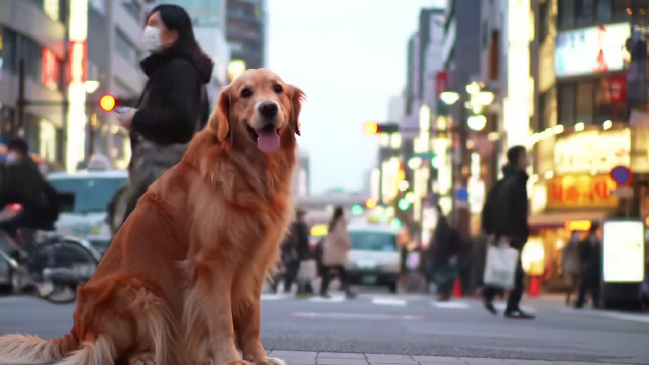 A Golden Retriever Observing City Life: A Heartwarming Scene of a Dog Sitting Calmly Amidst Busy Pedestrians in a Vibrant Urban Environment