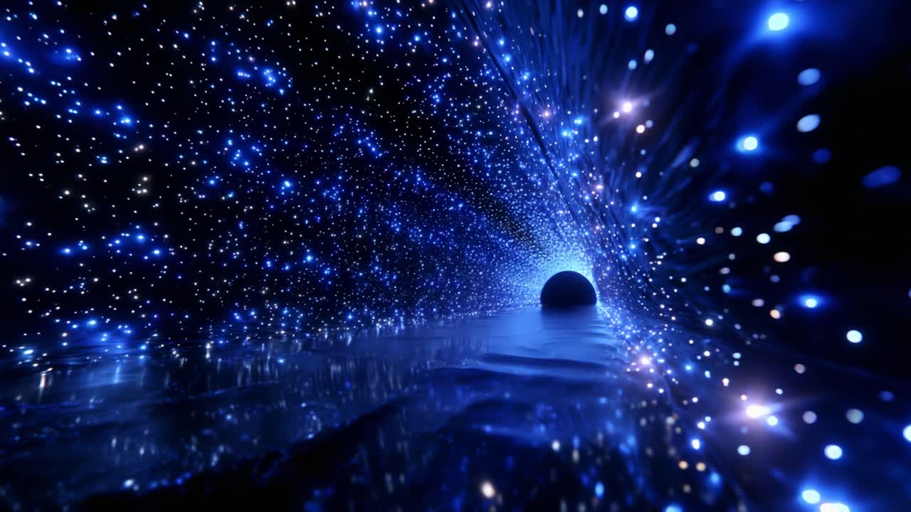A mesmerizing journey through a cosmic tunnel filled with shimmering stars and glowing blue lights, leading to an enigmatic dark sphere that captures the imagination and evokes the vastness of space