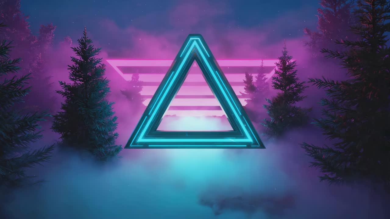 Neon Glowing Triangle in a Misty Forest