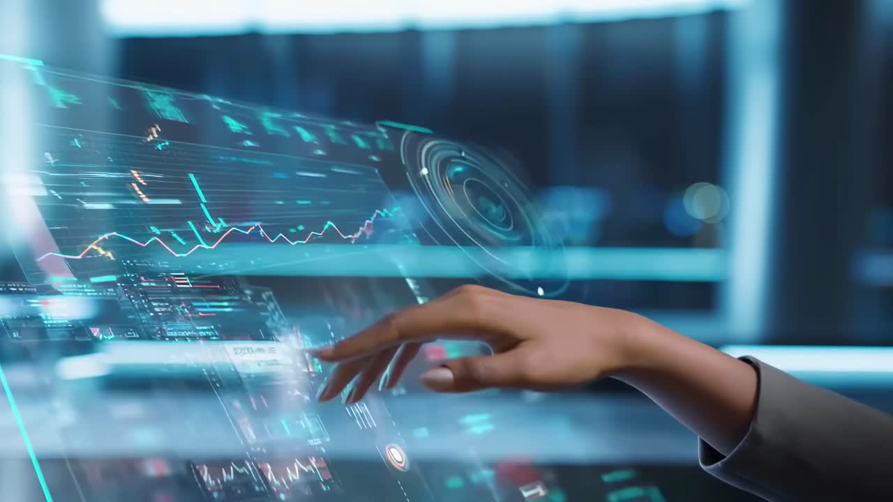 Futuristic video concept with a close-up angle of a hand interacting with a holographic screen