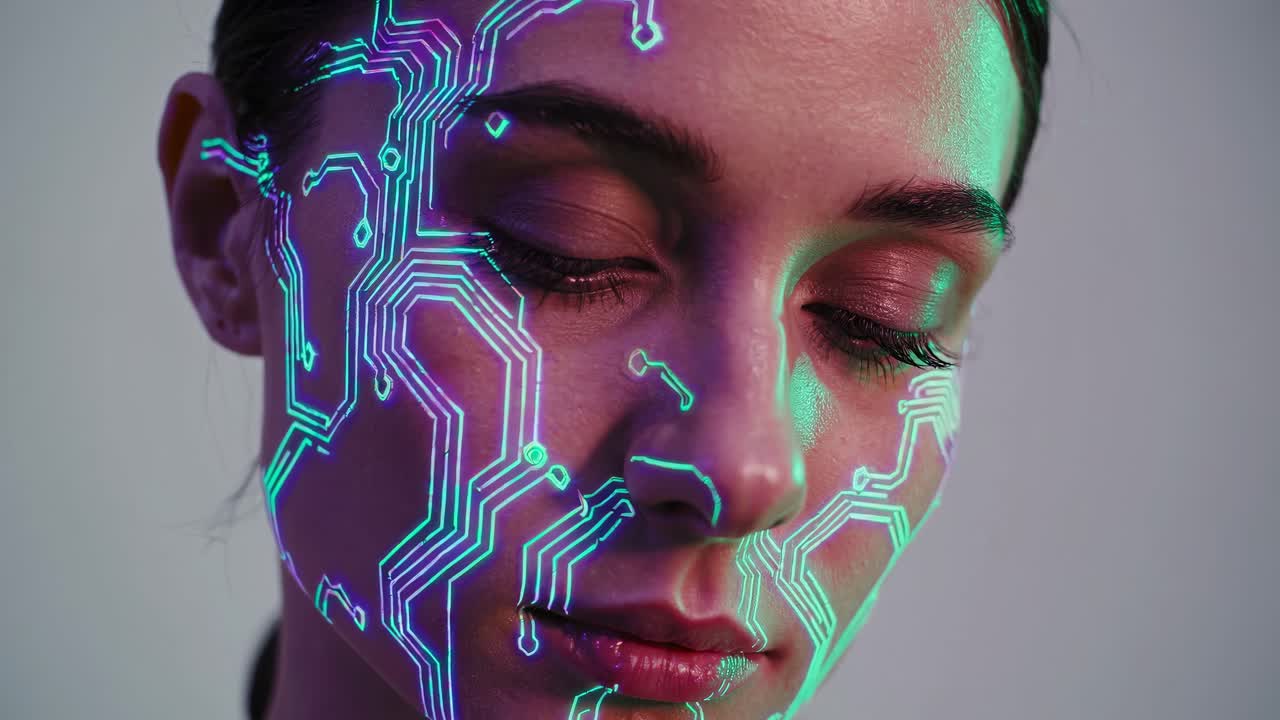 Woman with Circuit Board Face Art