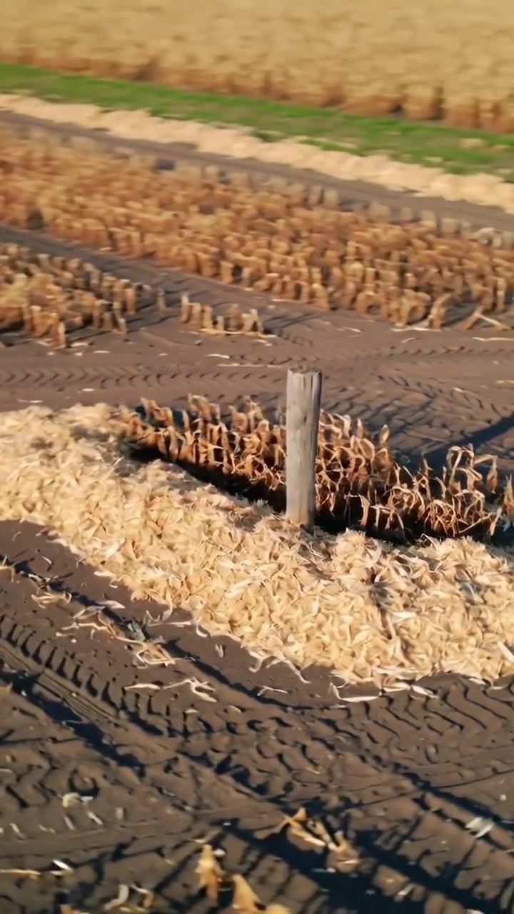Vertikales Video: Aufsteigende Drohne enthüllt Holzpfosten mit Spreu und Reifenspuren für eine Feldvermessung