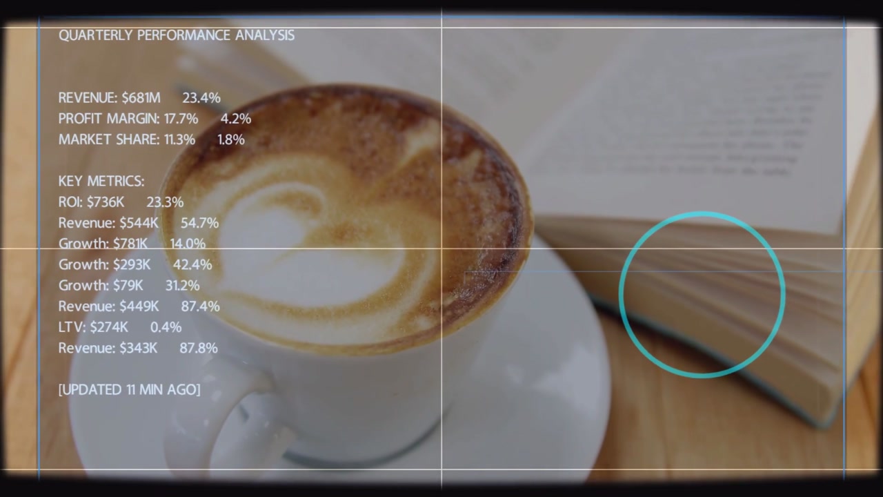 White ceramic cup sitting on wood table, grid fading in and forming finance metrics panel updating