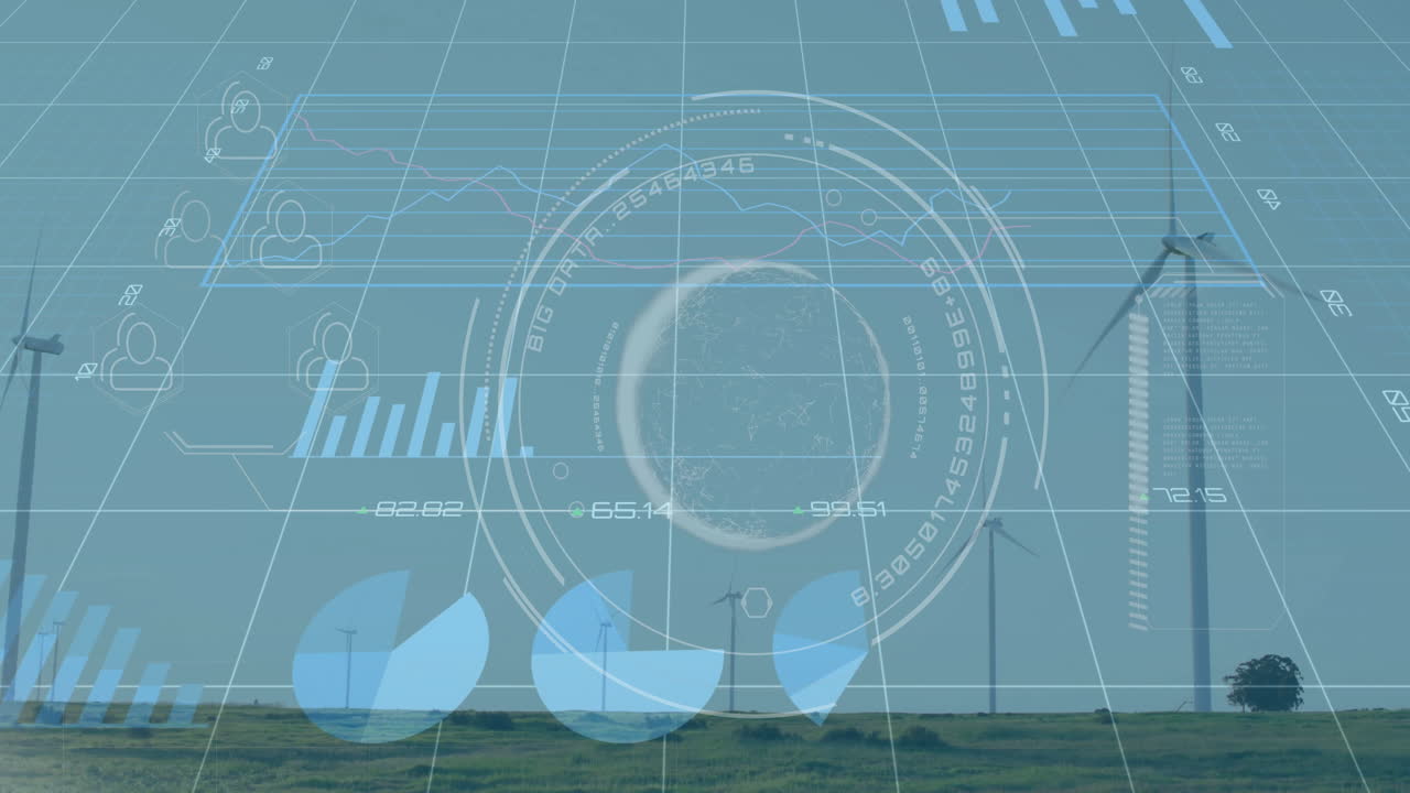 Circular digital HUD overlaying wind farm scene, displaying data with flat design icons