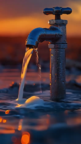 a faucet is dripping water into a body of water. the sun is setting in the background, creating a warm and peaceful atmosphere