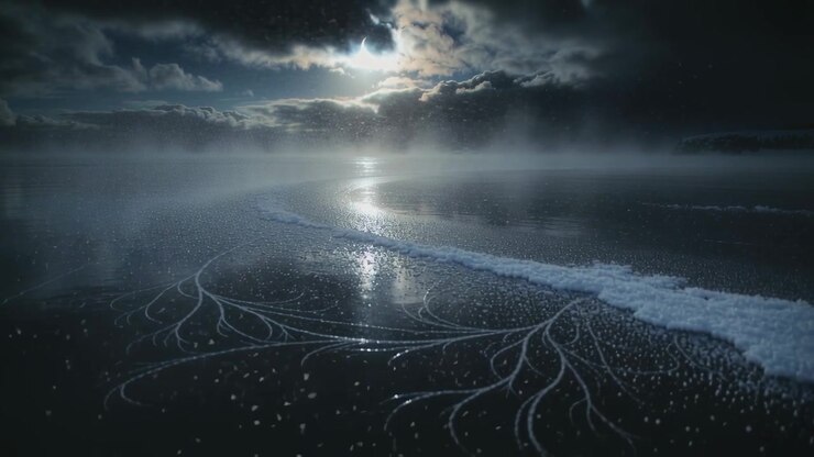 Pushing swell driving curved foam band forward across mirror sand, revealing branching channels