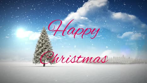 Happy-christmas-text-over-christmas-tree-and-winter-scenery