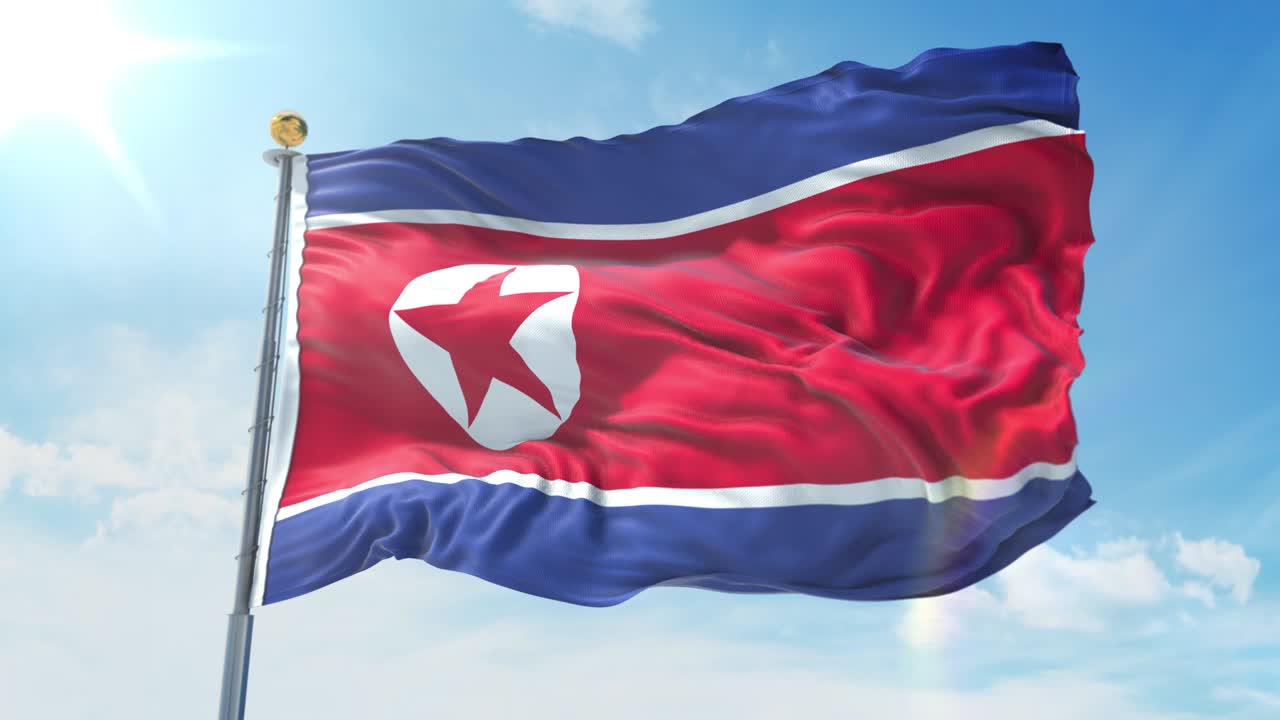 북한의 발이 깊은 파란 하늘을 배경으로 바람에 흔들리는 국가 테마, 국제 개념, 3d 렌더링 원활한 루프 4k