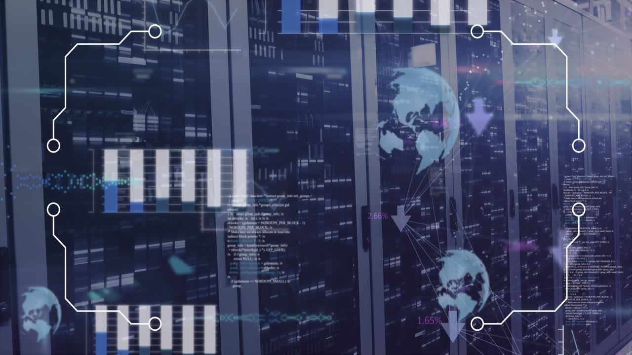 Animation of statistical data processing against mosaic squares over computer server room