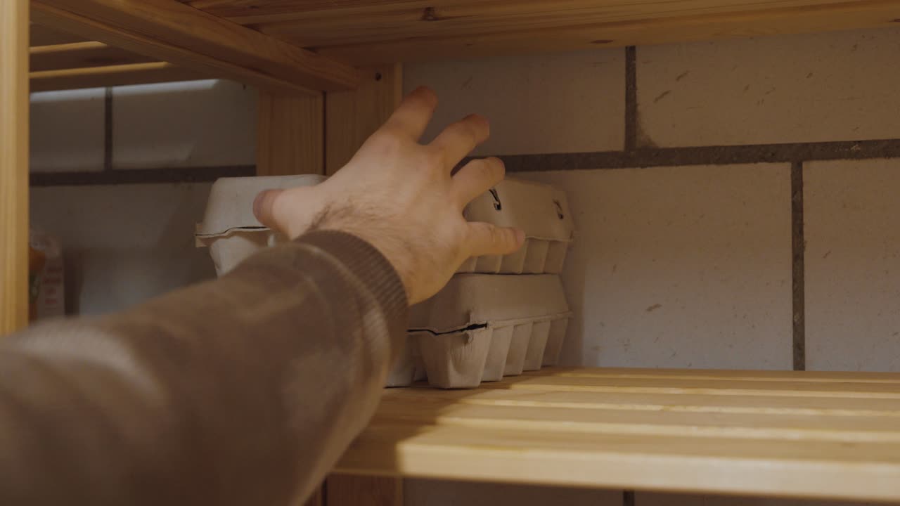Primo piano di confezioni di uova posizionate e conservate su una mensola di legno in una cantina. Concetto di conservazione degli alimenti, organizzazione domestica, preparazione e routine domestica quotidiana