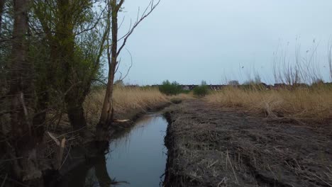 narrow muddy river on overcast day, low aerial, concept of pollution