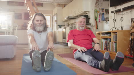 ageing retirees sitting and struggling to touch toes, slider, comical