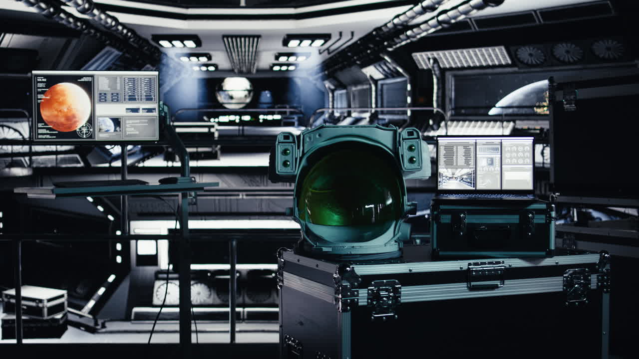 Space helmet next to laptop in spacecraft displaying Mars mission analytics