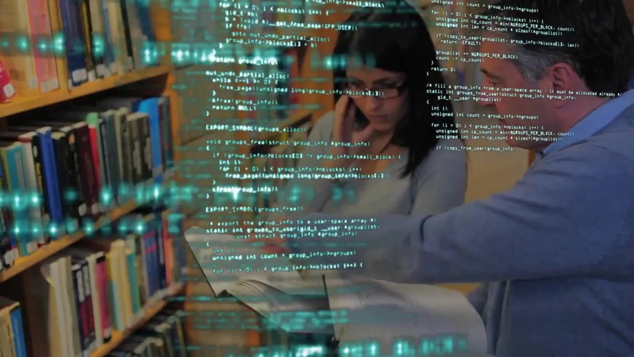 Researcher holding tech binder and assistant turning pages in library activating code scanning