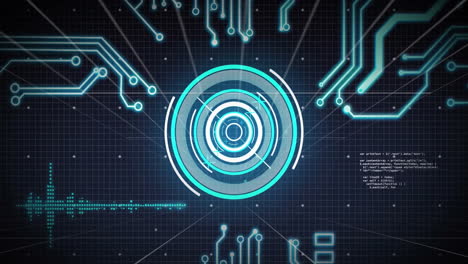 futuristic digital interface with circuit board animation over grid background