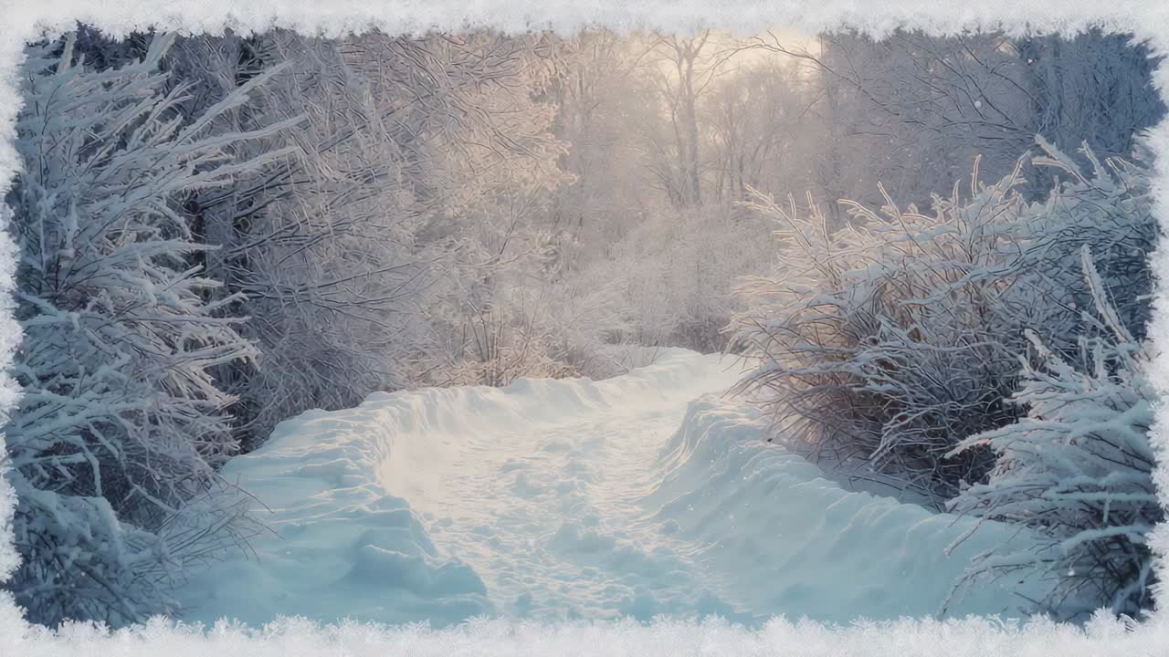 Naar voren bewegende camera onthult een volgepakt sneeuwpad in een berijpt bos, zonnestralen tonen een zonovergoten opening