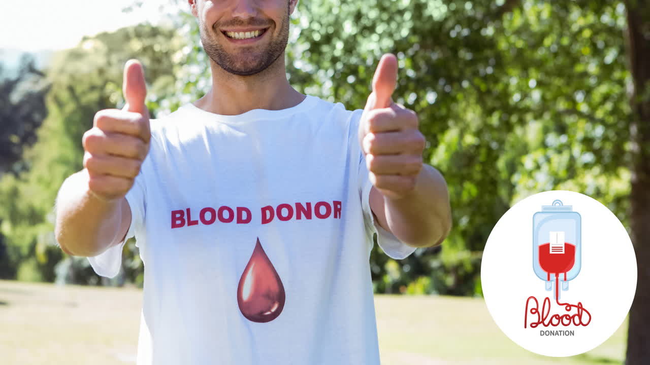 Animation of blood donation text with blood bag logo over happy male donor giving thumbs up